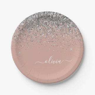 Roségold-Silber-Glitter-Monogramm in Rosa Pappteller