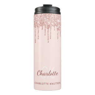 Roségold-Wangenrot-Glitter-Tropfen Monogramm-Name Thermosbecher