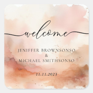 RoseGold Watercolor Hochzeit Willkommen Quadratischer Aufkleber
