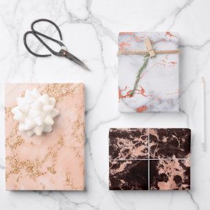 Roségold Weiße Schwarze Marmor-Trend Chic Geburtst Geschenkpapier Set