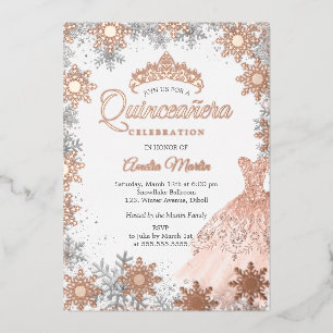 Roségold-Winter-Schneeflocken-Quinceanera Folieneinladung