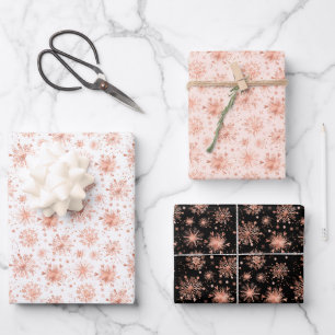 Roségold-Winterschneeflocken auf weißem Muster Geschenkpapier Set