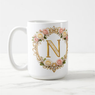 Roségoldene Blumige Monogramm-Buchstabe N Hochzeit Kaffeetasse
