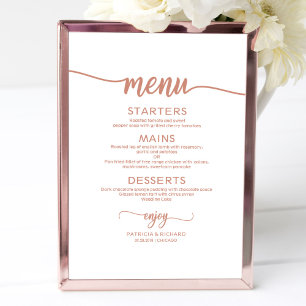 Roségoldene Hochzeits-Menütafel mit rustikaler Kal Poster
