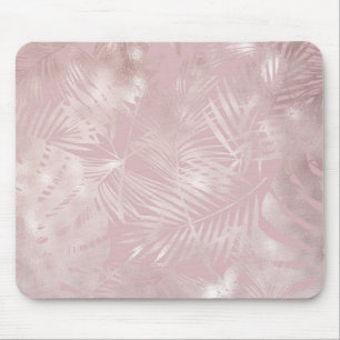 Roségoldene rosa botanische tropische Palmbaumblät Mousepad