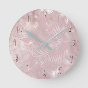 Roségoldene rosa botanische tropische Palmbaumblät Runde Wanduhr