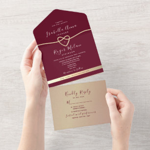 Roségoldene und Burgunderrote Hochzeit All In One Einladung