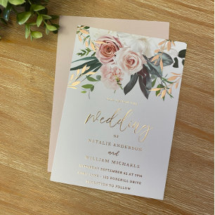 Roségoldfolie und blasse Rosen Hochzeit Folieneinladung