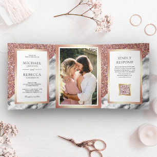 Roségoldgrauer Marmor-Foto-QR-Code-Hochzeit Dreifach Gefaltete Einladung