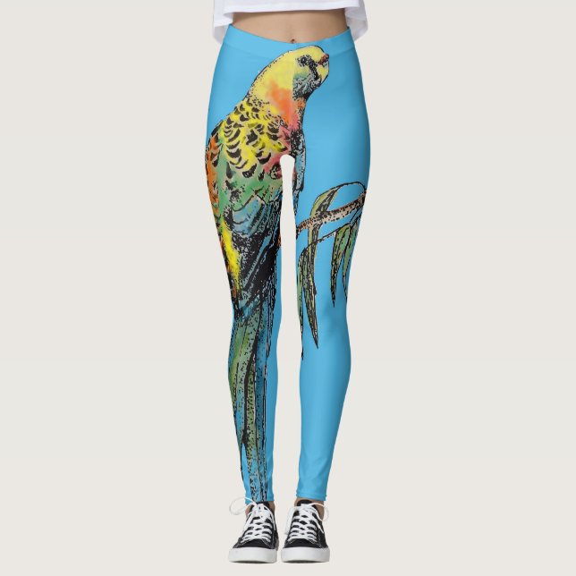 Rosella Parrot Aquarelle Bleu Leggings d'oiseaux (Devant)
