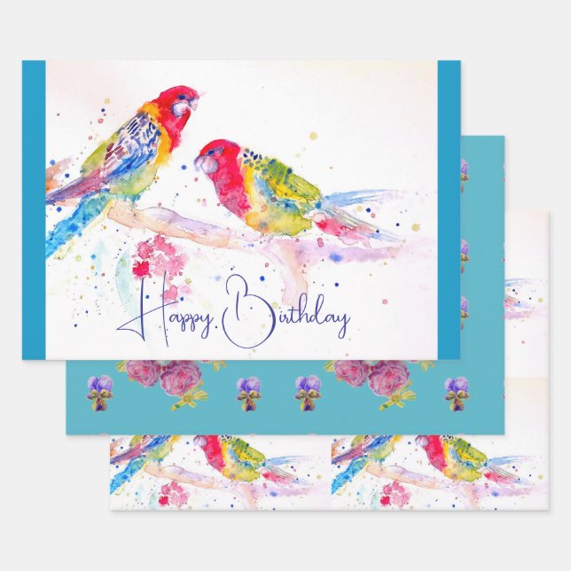 Rosella Parrot Aquarellmalerei Aquamarin Geschenkpapier Set (Set)