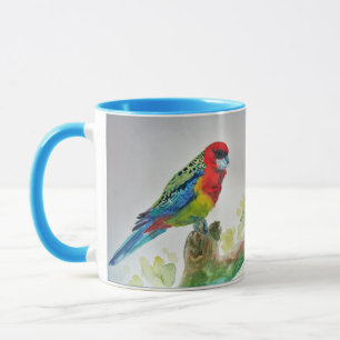 Rosella Parrot auf Zweig Wasserfarbe Tasse Blau
