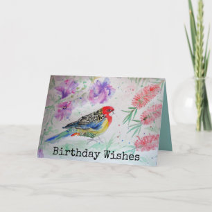 Rosella Parrot avec la carte d'anniversaire de la
