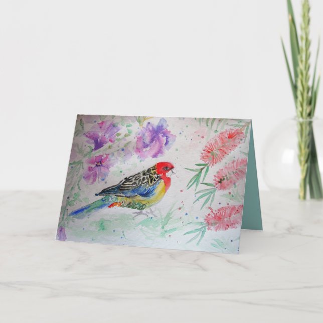 Rosella Parrot mit Bottlebrush Bird Birthday Card Karte (Vorderseite)