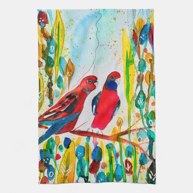 Rosella-Vögel in der Baumwasserfarbenkunst Geschirrtuch (Vertikal)