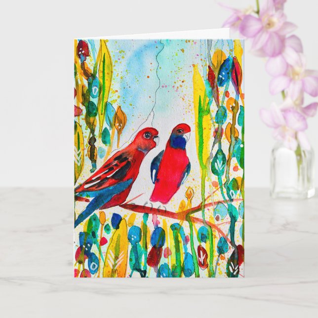 Rosella-Vögel in der Baumwasserfarbenkunst Karte (Orchidee)