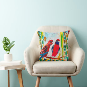 Rosella-Vögel in der Baumwasserfarbenkunst Kissen