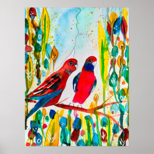 Rosella-Vögel in der Baumwasserfarbenkunst Poster