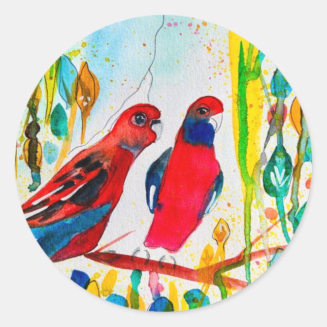 Rosella-Vögel in der Baumwasserfarbenkunst Runder Aufkleber (Vorderseite)
