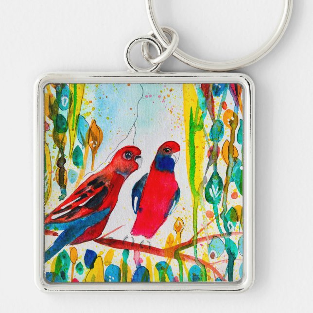 Rosella-Vögel in der Baumwasserfarbenkunst Schlüsselanhänger (Vorne)