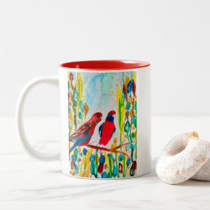 Rosella-Vögel in der Baumwasserfarbenkunst Zweifarbige Tasse