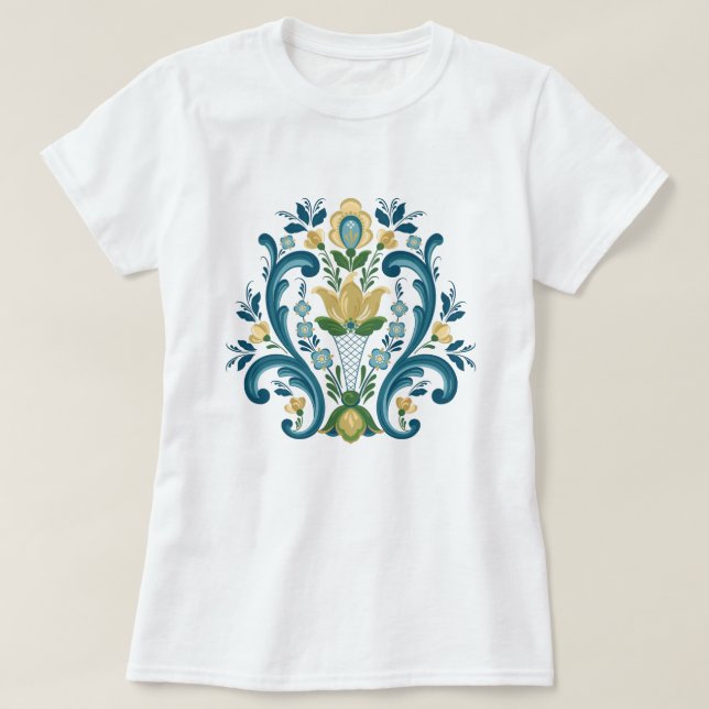 Rosemaling Blue and Gold T - Shirt (Design vorne)