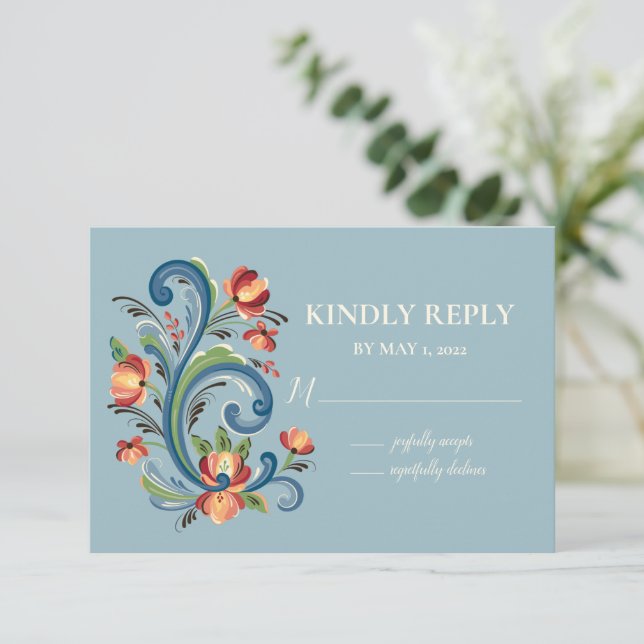 Rosemaling Blue und Red RSVP Karte (Stehend Vorderseite)