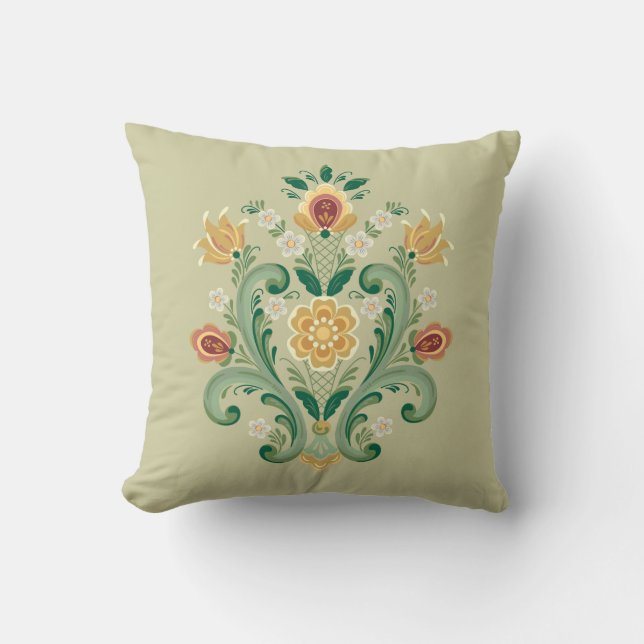 Rosemaling in Grün und Gold Kissen (Vorderseite)