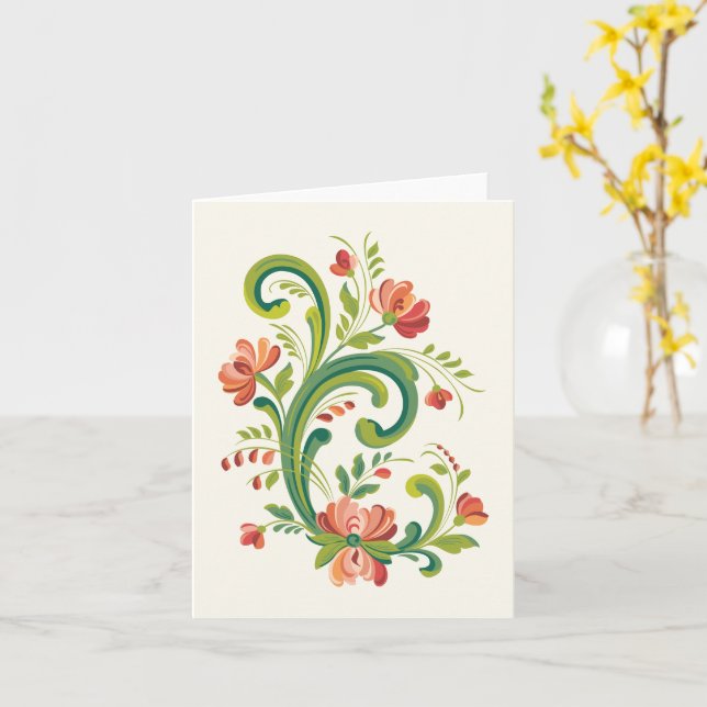 Rosemaling in Rot und Rosa Grußkarte Karte (Gelbe Blume)