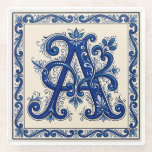 Rosemaling Monogram Prussian Blue Glasuntersetzer<br><div class="desc">Celebrate your heritage with this elegant, hand-painted style Telemark Rosemaling design. Featuring the letter A, this piece captures the traditional Norwegian folk art style characterized by its flowing asymmetrical scrolls, intricate leaf work, and delicate linework. The palette is a striking combination of deep Prussian blue, crisp white, and bold black,...</div>