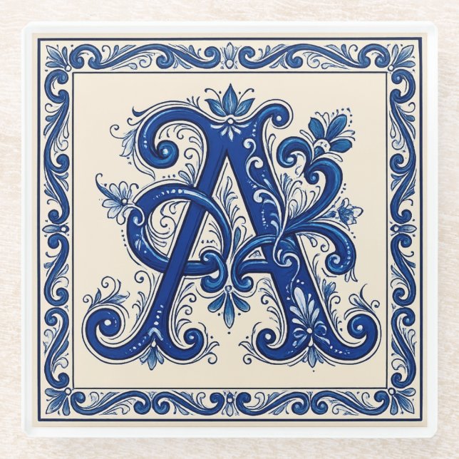 Rosemaling-Monogramm Preußischblau Glasuntersetzer (Vorderseite)