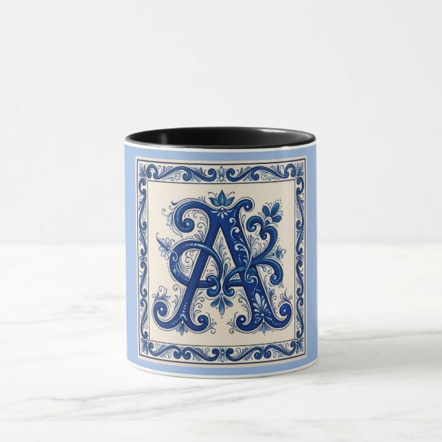 Rosemaling-Monogramm Preußischblau Tasse (Zentrum)
