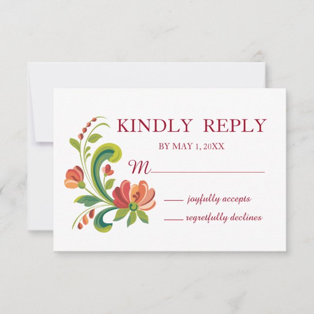 Rosemaling Rot und Rosa RSVP Karte (Vorderseite)