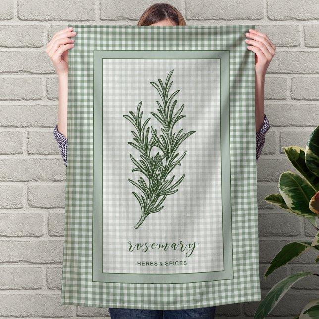 Rosemary Herb Kitchen Towel – Green Gingham Border Geschirrtuch (Rosemary Herb Kitchen Towel – Green Gingham Border)