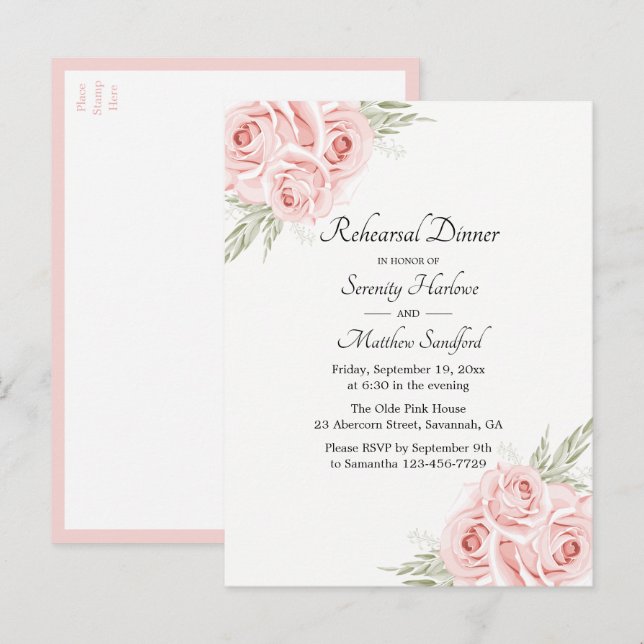 Rosen Aquarell Rosa Probe Abendessen Einladungspostkarte (Vorne/Hinten)