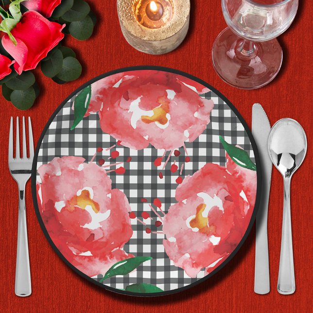 Rosen auf schwarzem und weißem Gingham Pappteller (Roses on Black and White Gingham Paper Plates)
