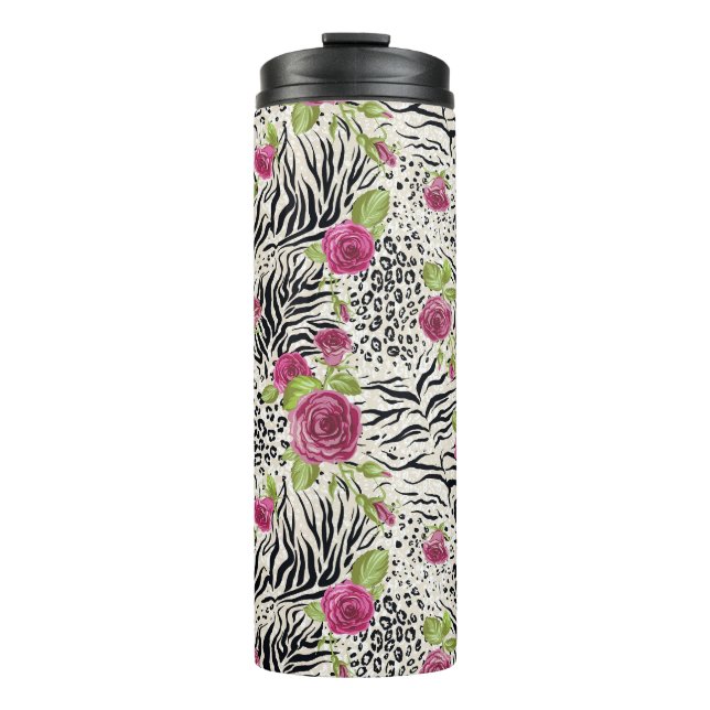 Rosen auf Tiermuster Thermosbecher (Vorderseite)