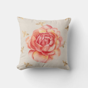 Rosen auf Weiß mit goldenem Bienenhintergrund Kissen
