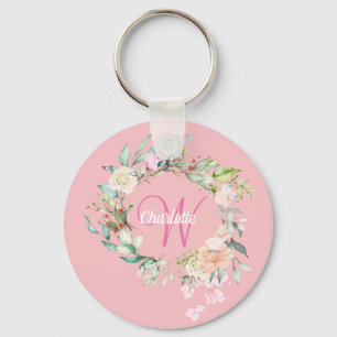 Rosen Blumen Initiale Skript Monogramm Rosa Schlüsselanhänger