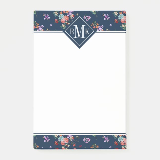 Rosen-Blumenstrauß-Blumenmuster des Monogramm-| Post-it Klebezettel (Vorderseite)