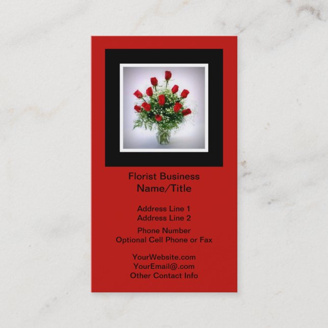 Rosen-Blumenstrauß-vertikales schwarzes Rot des Visitenkarte (Vorderseite)