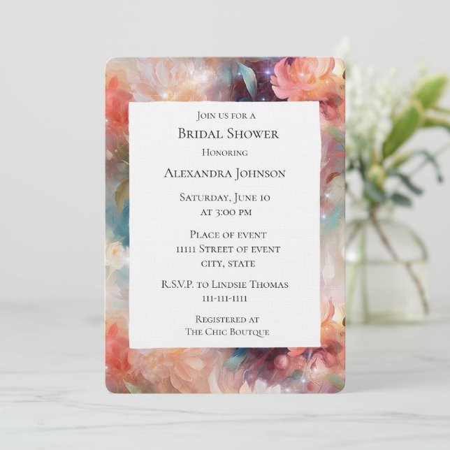 Rosen Blush Peach Orange Brautparty Einladung (Stehend Vorderseite)