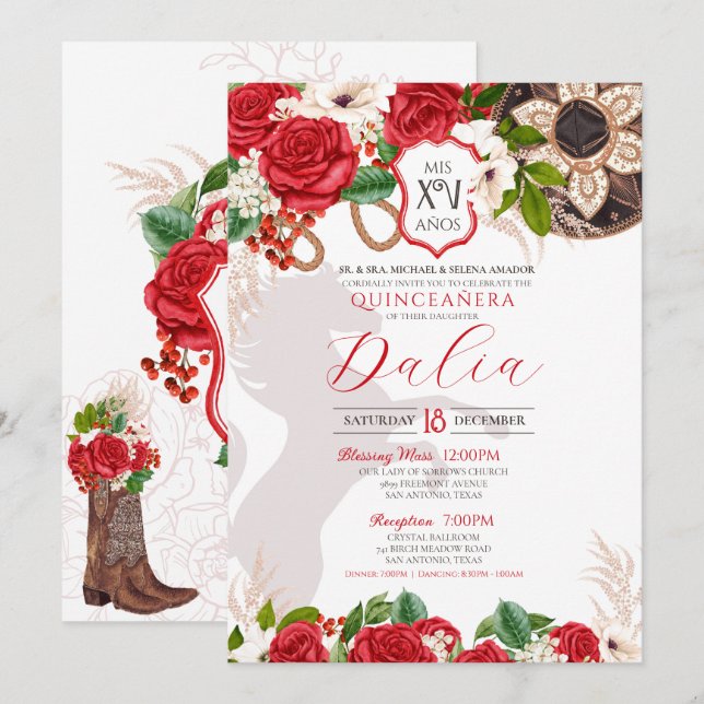 Rosen Charro Quinceañera, Rotes Wappen Einladung (Vorne/Hinten)