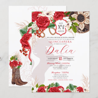 Rosen Charro Quinceañera, Rotes Wappen Einladung