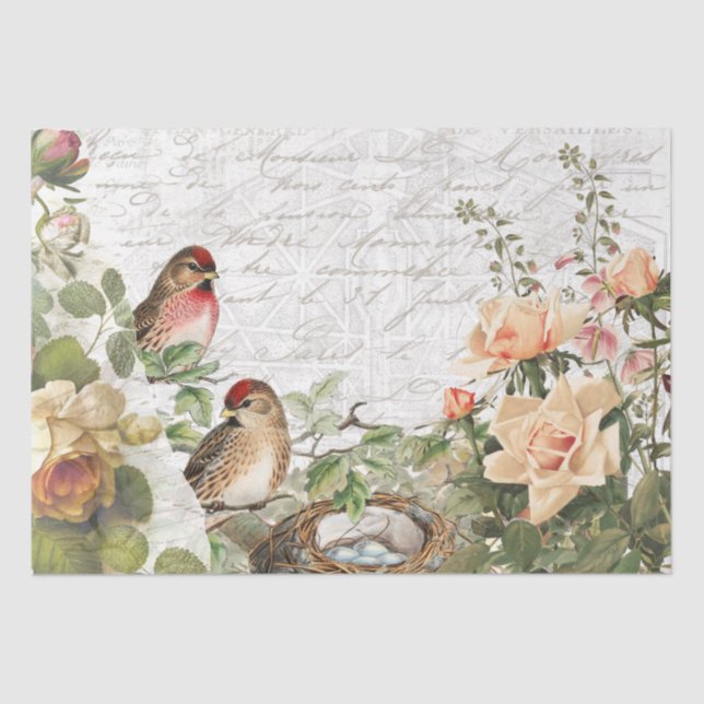 Rosen Flora Bird Nest Pink Französisch Script Deco Seidenpapier (Vorderseite)