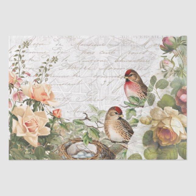 Rosen Flora Bird Nest Pink Französisch Script Deco Seidenpapier (Vorderseite)