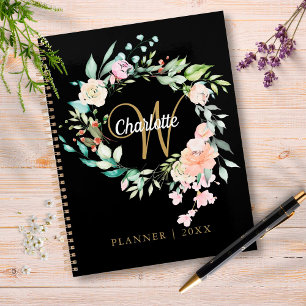 Rosen Florale Schrift Monogramm Schwarz Gold 2023 Planer