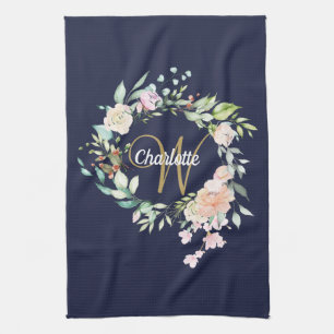 Rosen Florales Gold-Schriftmonogramm Navy Blau Geschirrtuch