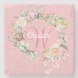 Rosen Florales Initial-Script-Monogramm Rosa Steinuntersetzer