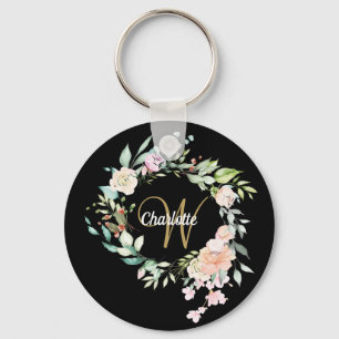 Rosen Florales Schriftmonogramm Schwarz Gold Schlüsselanhänger